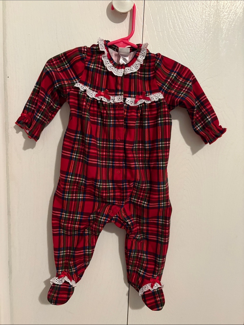 Little Me Red Plaid Footed One-Piece with White Lace Trim